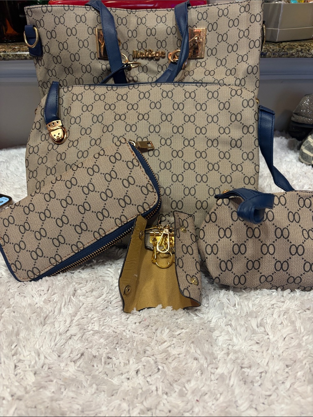 Women’s Beige Monogram Tote Bag with Navy Trim - Set